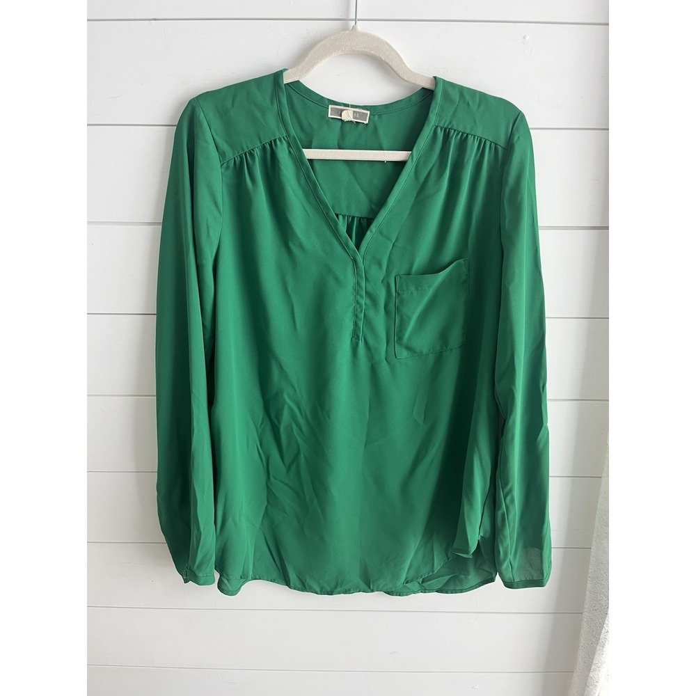 Anthropologie Pleione Green Pleated Long Sleeve Top Blouse‎ medium 0538